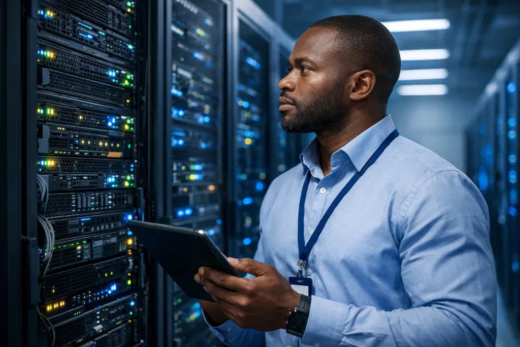 Engineer working with servers and monitoring in a data hall