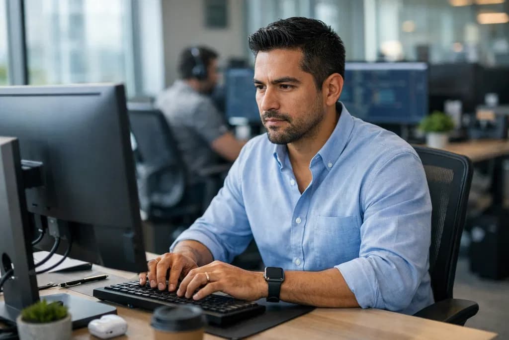 Engineer focused at workstation in a bright office