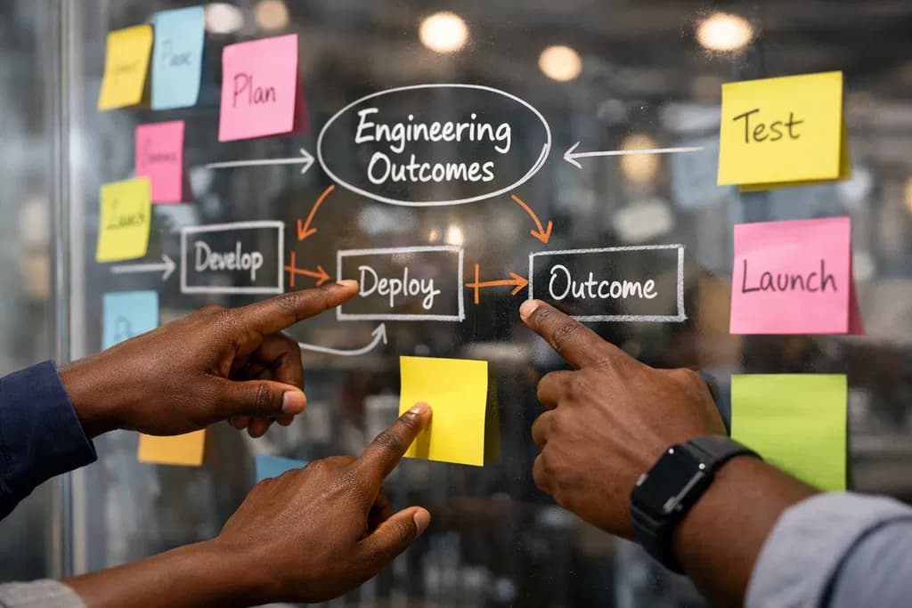 Team mapping develop, deploy, and outcome on a glass board