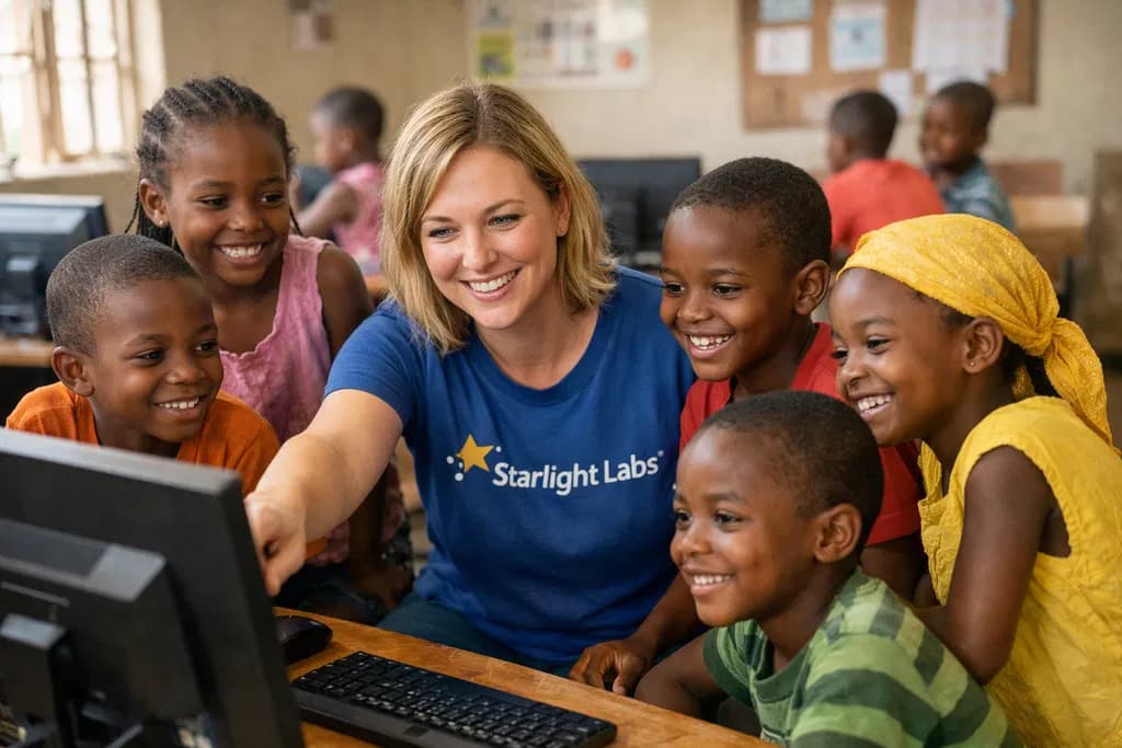 Instructor with children learning at computers