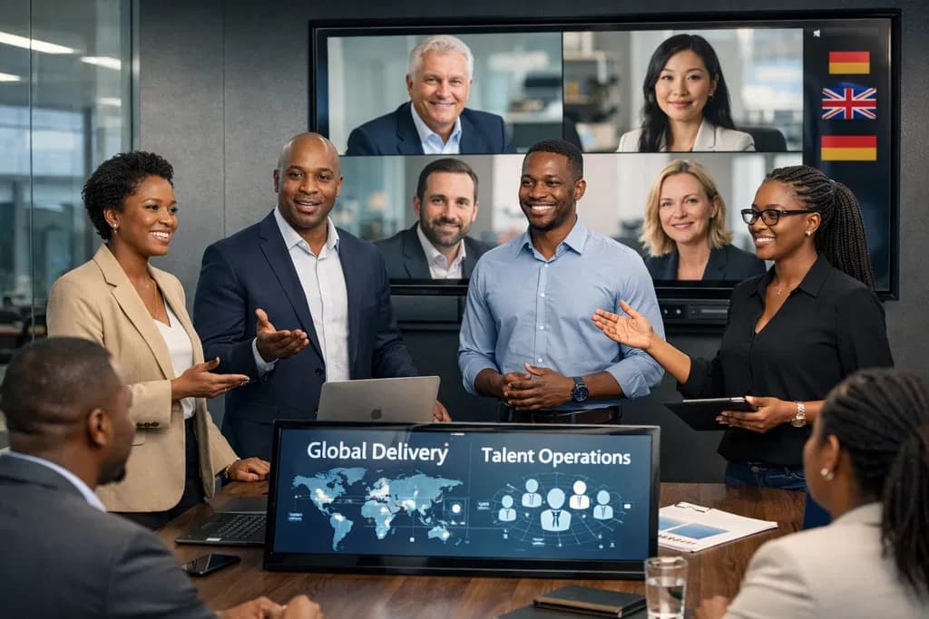 Team in a conference room with global delivery and talent operations on screen