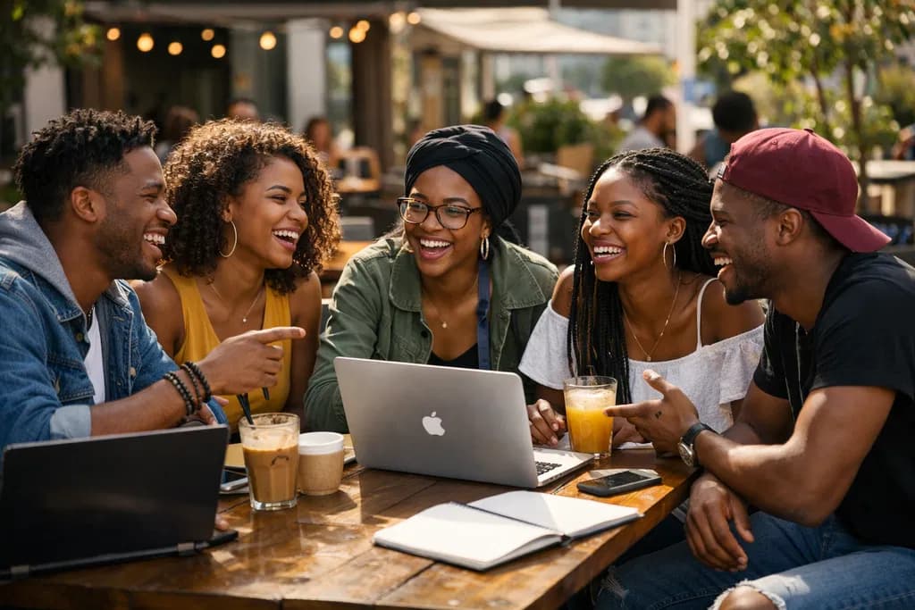 Colleagues collaborating at an outdoor table with laptops