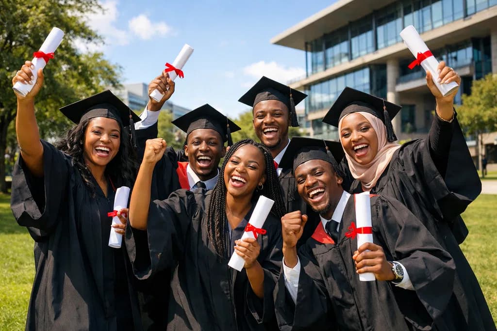 Graduates celebrating with diplomas outdoors