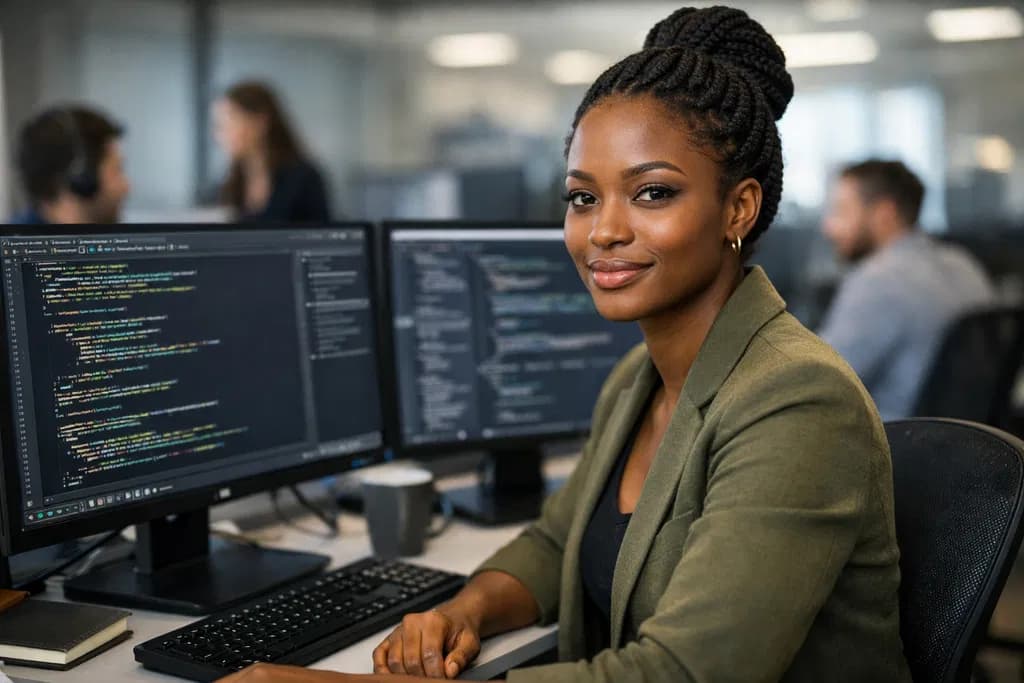 Software engineer at a workstation with code on screen