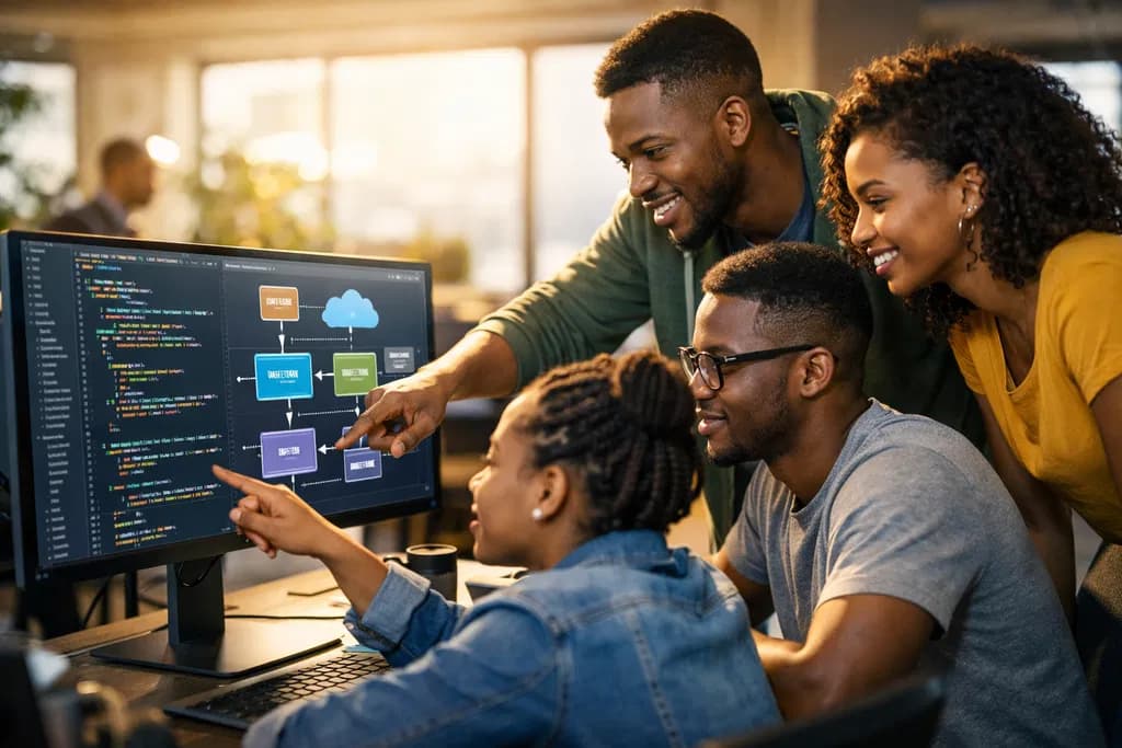 Engineers collaborating on code and architecture in a modern office