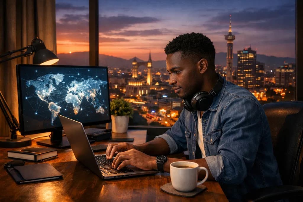 Professional working remotely with connectivity visualizations