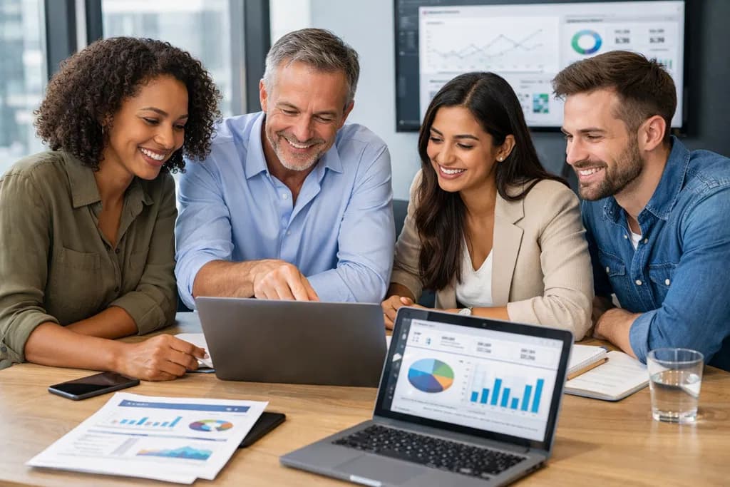 Diverse team reviewing data and dashboards together