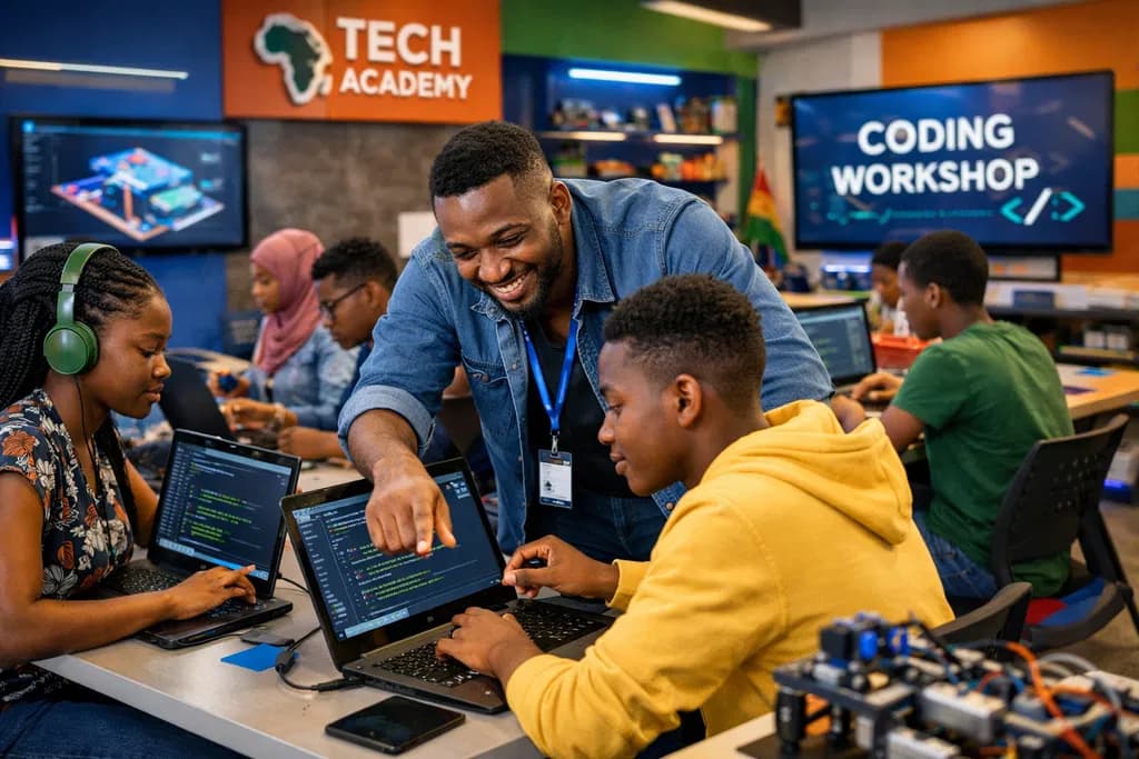 Students in a technology academy classroom with laptops